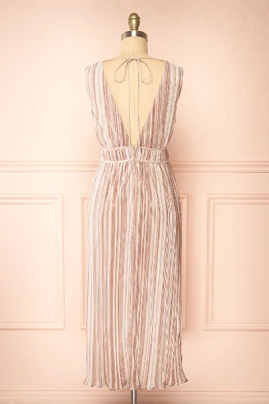 Gloriane | Pleated Beige Multi-Tone Dress w/ Slit