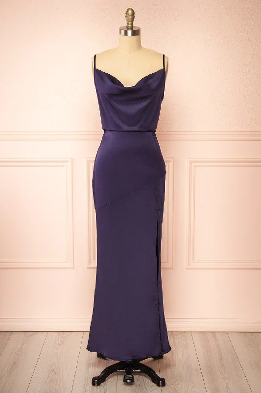 Hanya | Long Satin Navy Slip Dress w/ Adjustable Waist