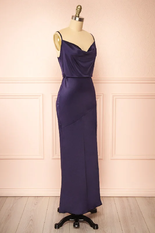 Hanya | Long Satin Navy Slip Dress w/ Adjustable Waist