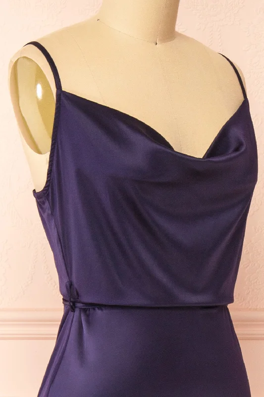 Hanya | Long Satin Navy Slip Dress w/ Adjustable Waist