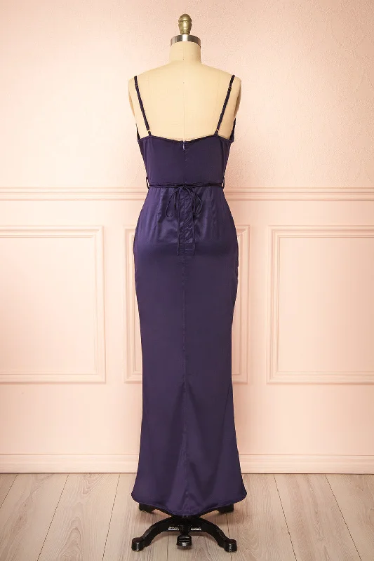 Hanya | Long Satin Navy Slip Dress w/ Adjustable Waist