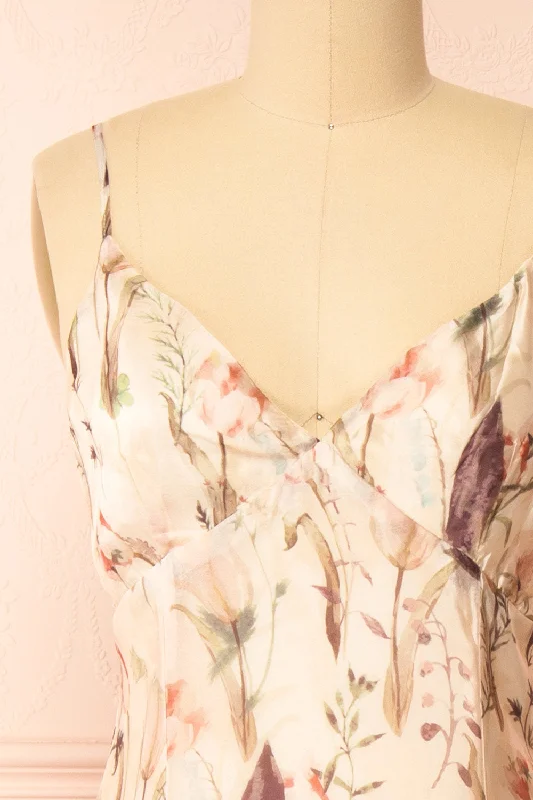 Ipiu | Beige Floral Chiffon Midi Dress