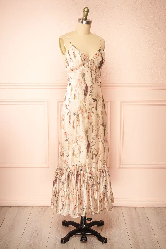 Ipiu | Beige Floral Chiffon Midi Dress