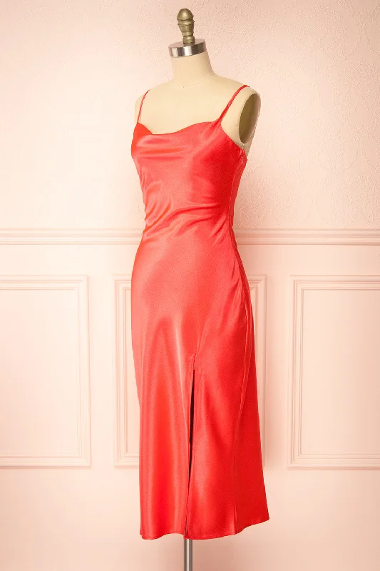 Jordy | Coral-Red Satin Midi Dress w/ Slit