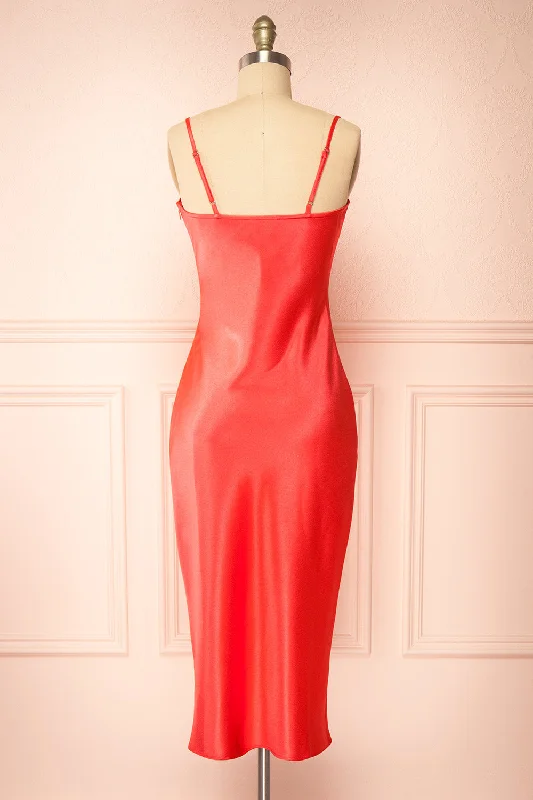 Jordy | Coral-Red Satin Midi Dress w/ Slit