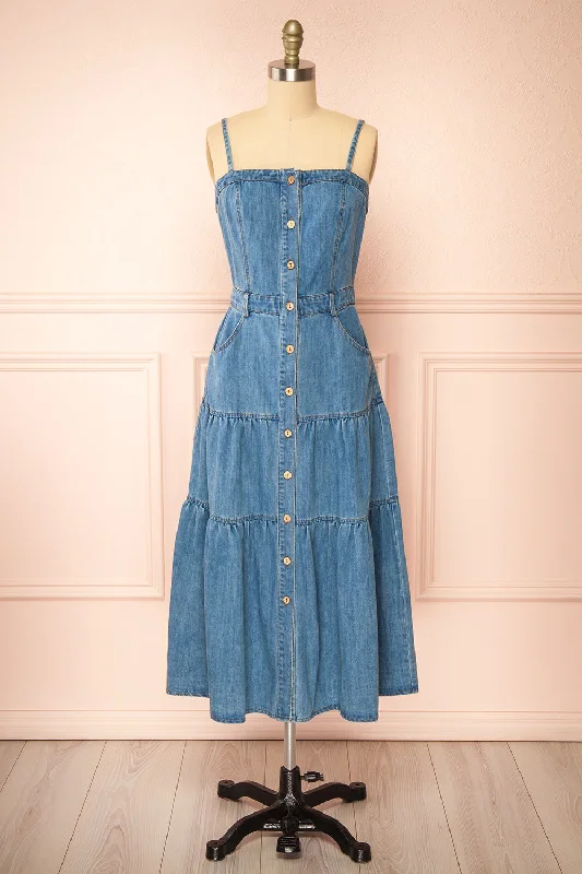 Moprina | Long Blue Denim Dress w/ Pockets