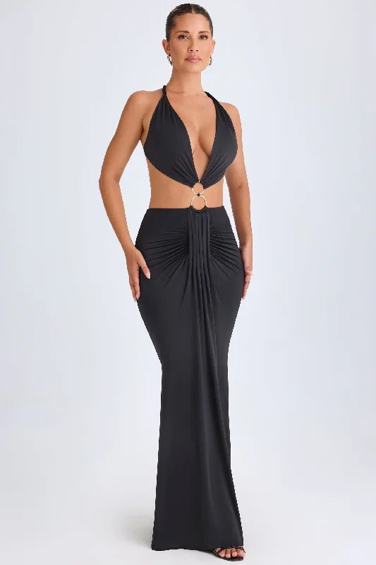 Hardware Detail Cut-Out Halterneck Maxi Dress in Black