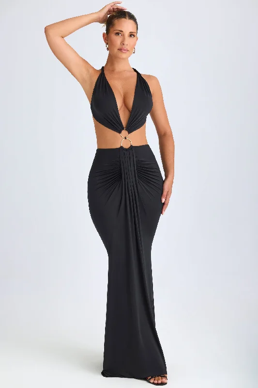 Hardware Detail Cut-Out Halterneck Maxi Dress in Black