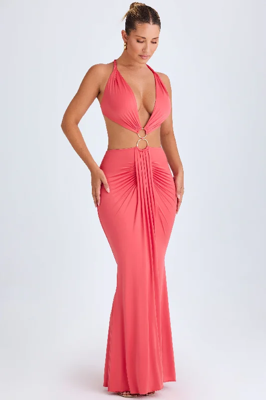 Hardware Detail Cut-Out Halterneck Maxi Dress in Coral