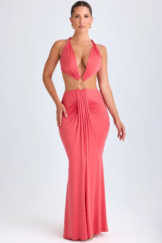 Hardware Detail Cut-Out Halterneck Maxi Dress in Coral