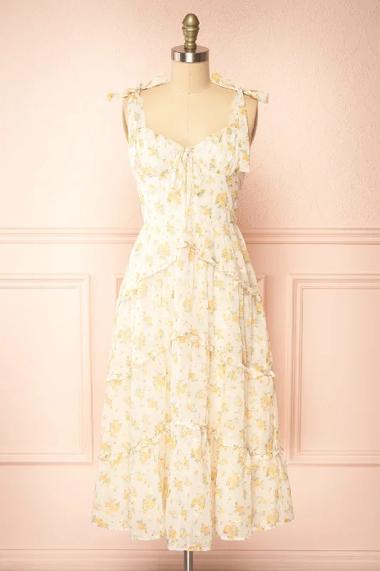 Omelta | Ivory Midi Dress w/ Yellow Roses Motif