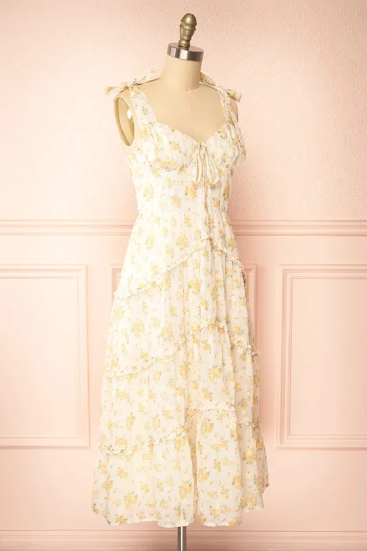 Omelta | Ivory Midi Dress w/ Yellow Roses Motif