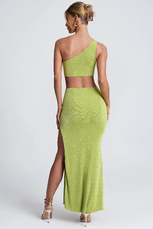 Hardware Detail One-Shoulder Maxi Dress in Olive Green