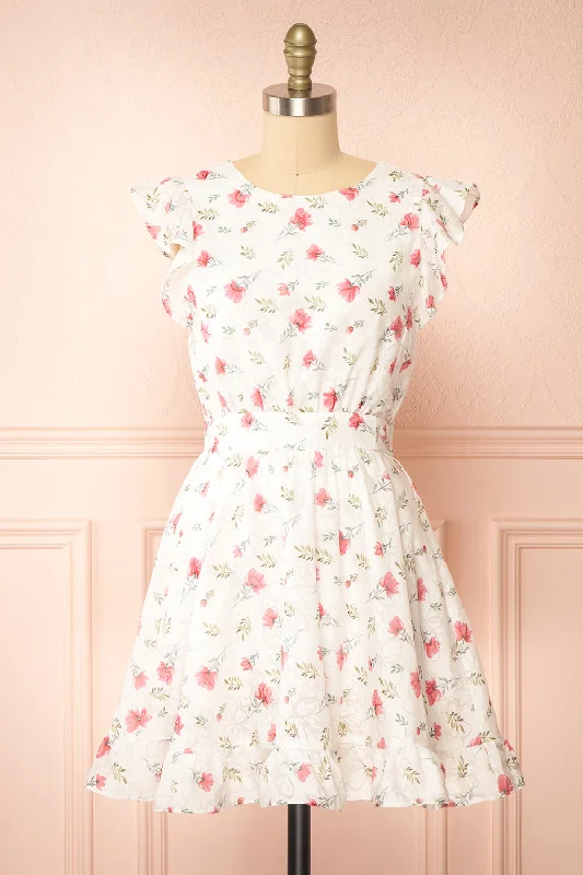 Prunne | Short White Floral Dress w/ Open Back