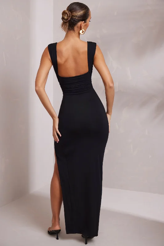 High Split Plunge Neck Maxi Dress in Black