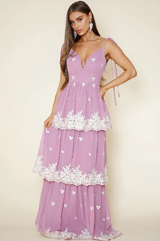 Taliana Mauve | Chiffon Maxi Dress w/ Floral Embroidery