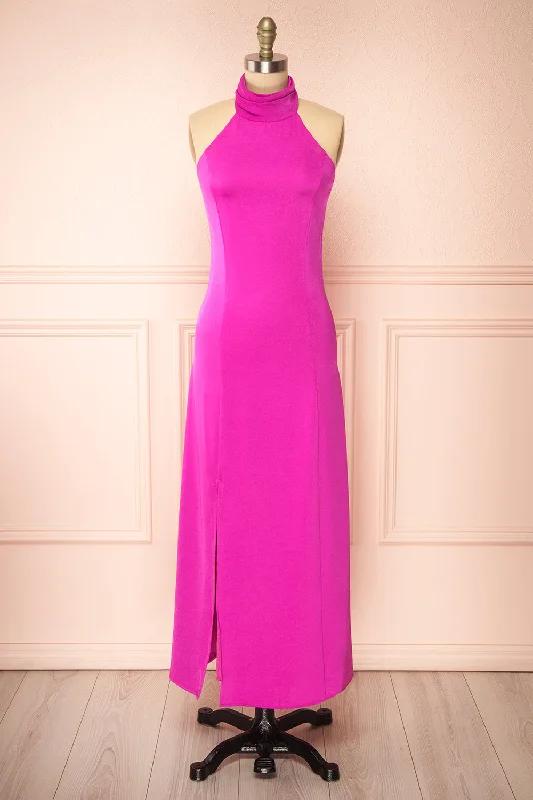 Tirielle | Long Fuchsia Satin Dress w/ Slit