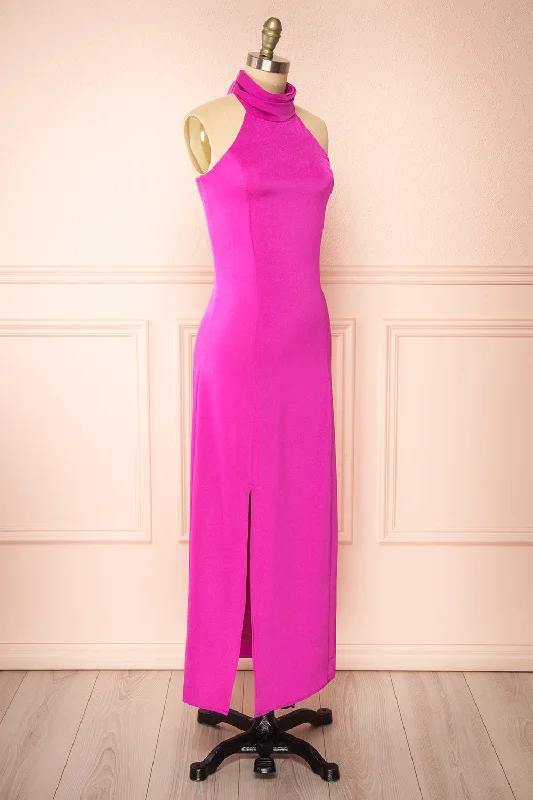 Tirielle | Long Fuchsia Satin Dress w/ Slit