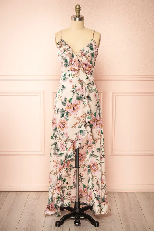 Veleda Taupe | Floral Maxi Dress with Ruffles