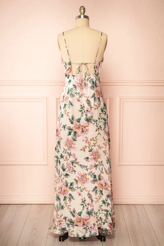 Veleda Taupe | Floral Maxi Dress with Ruffles