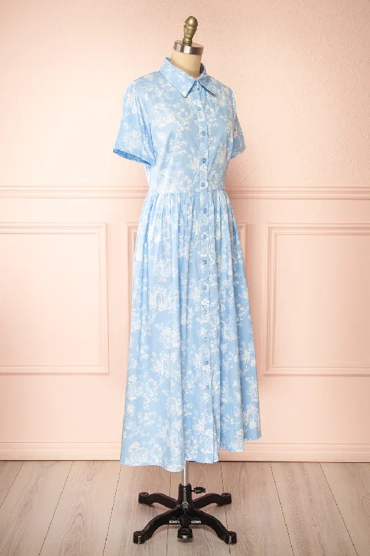 Victoire Blue | Buttoned Midi Shirt Dress w/ Floral Pattern