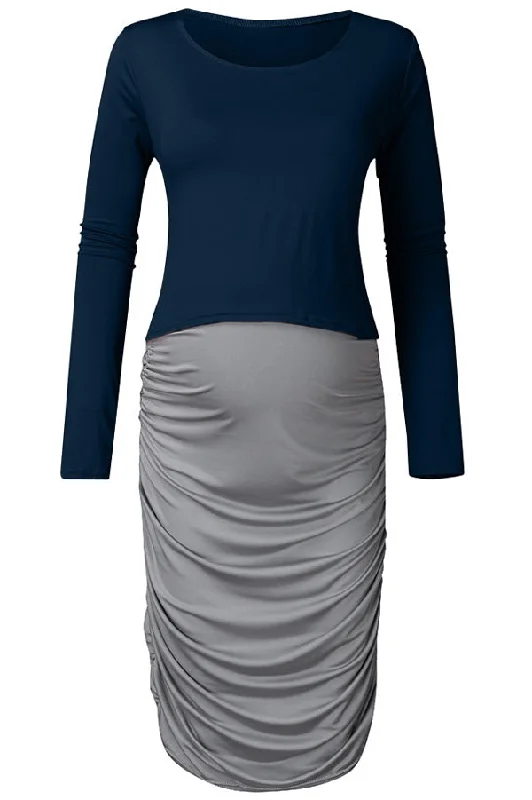 2pcs Two-tone Tight Midi Pregnancy Dress & Long SLeeves Top