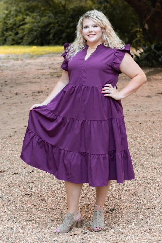 V-Neck Ruffle Sleeve Tiered Midi Dress with Pockets in Plus Size by Entro Clothing