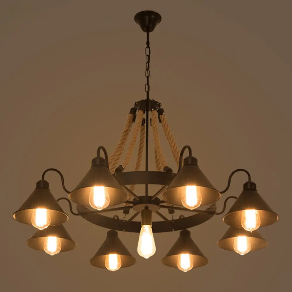 Oversized Chandeliers as a Statement Piece in Living RoomsOversized Chandeliers as a Statement Piece in Living RoomsIndustrial Metal Black Chandelier with Cone & Rope Design and Wagon Wheel Suspension